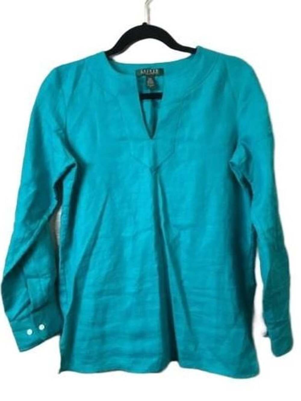 Lauren Ralph Lauren Blouse Size PXS Turquoise 100% Linen Long Sleeve
